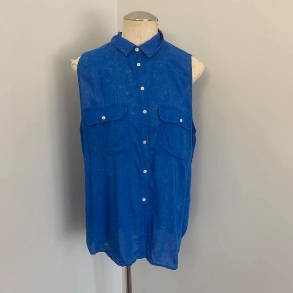 Acid Wash Blue Sleeveless Button Down, M/L - Picture 2 of 6